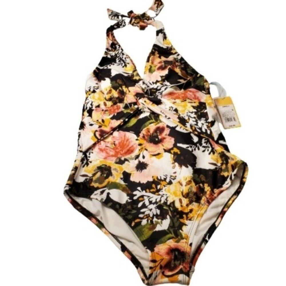 Kona Sol Swimsuit Womens Small Black Pink Floral OnePiece Halter Boho Cottage